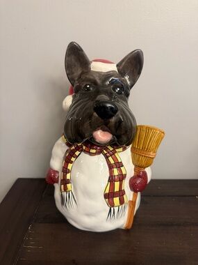 Hand-Painted Black and White Scottie Dog Holiday Figurine with Red Accents